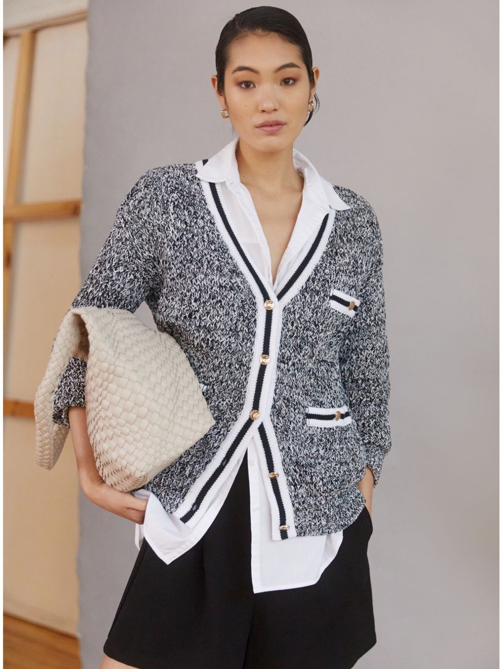 Maeve Tweed Boyfriend Cardigan Black & White Small Like New